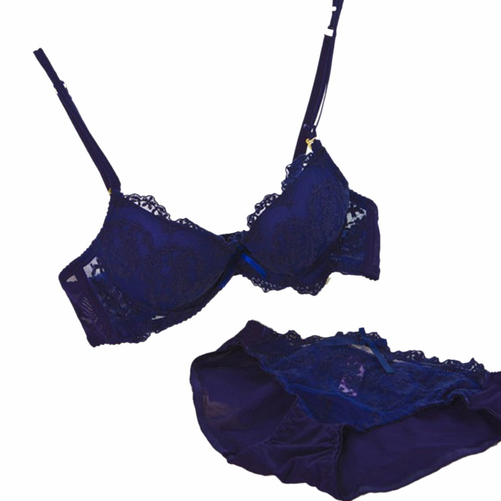 Lov Ladies Lace Gathered Bra Set,Push-up Bralette+Panty Lingerie Suit, Navy Blue,B Cup 