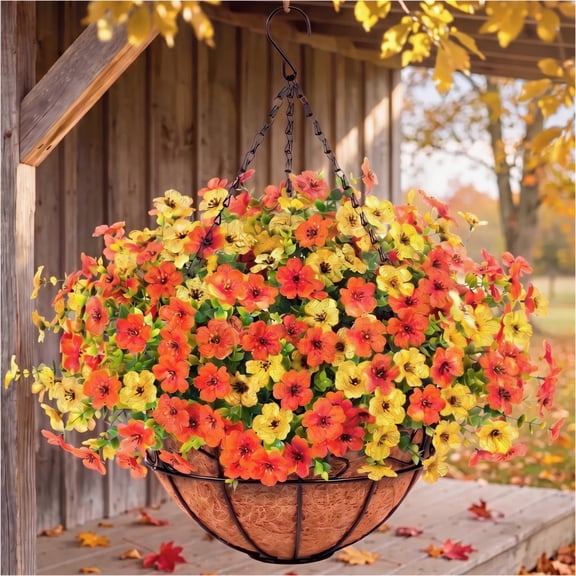 Scidweet Artificial Fall Hanging Flowers, 12 Pcs Fake Autumn Flowers Faux Plants with Coconut Lining Basket Fall Decoration for Home Outside Patio Garden Decor, Multicolor