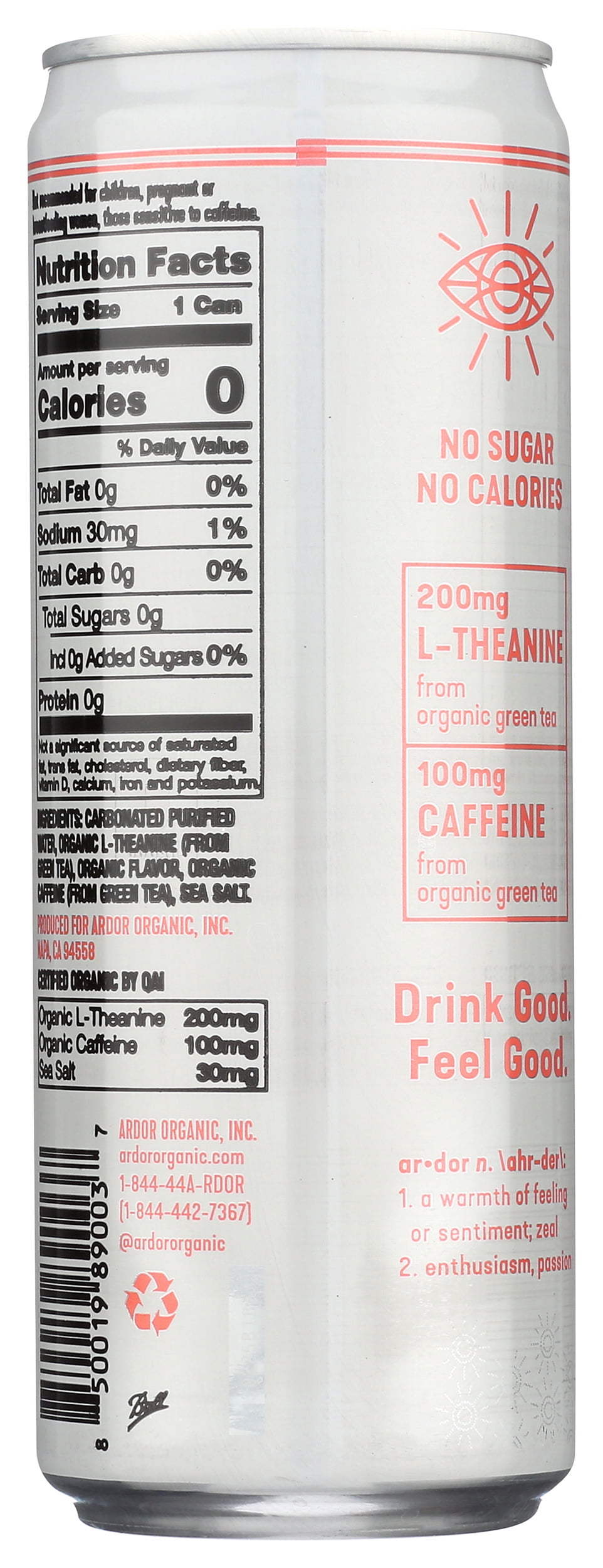 Pack of 12, Ardor Organic Inc Pink Grapefruit Energy Sparkling Water, 12 fl oz
