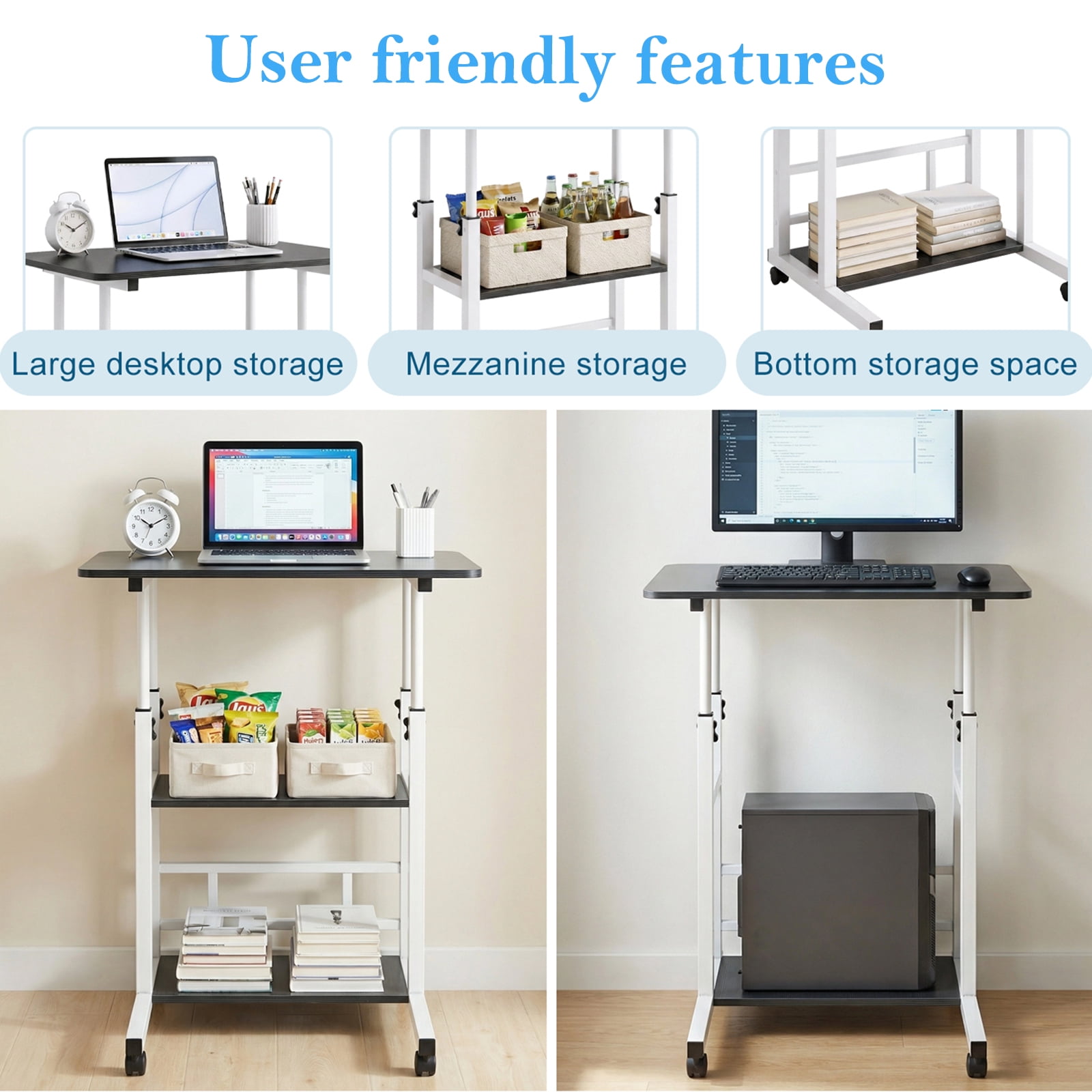 32 Inch Rolling Desk Black Adjustable Height Small Standing Desk on Wheels with Storage Shelves Portable Computer Desk for Home Office Study Small Spaces
