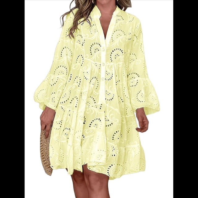 Vestido Bohemio de Encaje con Bordado de Ojales para Mujer, Escote en V, Mangas Acampanadas, Corte Holgado, 2025 Amarillo XXL
