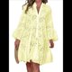 thumbnail image 1 of Vestido Bohemio de Encaje con Bordado de Ojales para Mujer, Escote en V, Mangas Acampanadas, Corte Holgado, 2025 Amarillo XL, 1 of 7