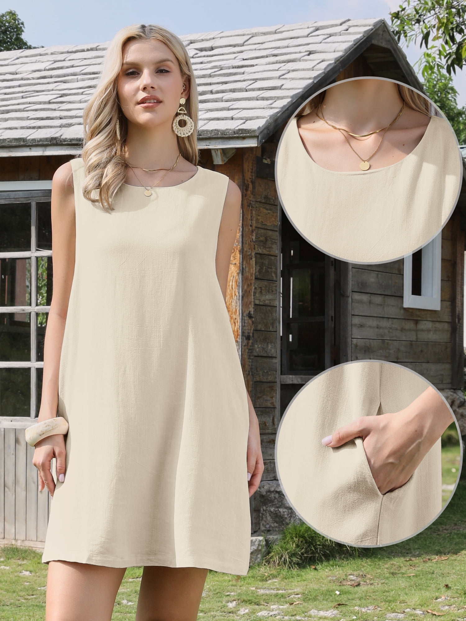 DARING DIVA Women's Sleeveless Linen Shift Casual Dress With Pockets M Beige