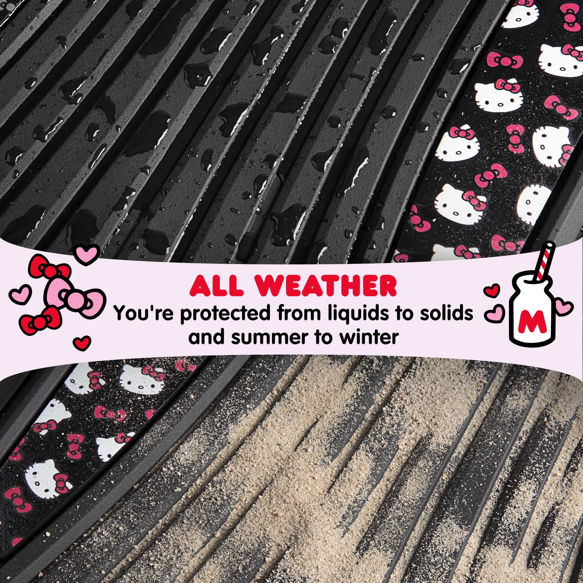 Hello Kitty Cute Rubber Car Floor Mats, Heavy Duty Non-Slip 4-Piece Set, Cute Universal Auto Accessory, for Car Truck SUV Van, Black