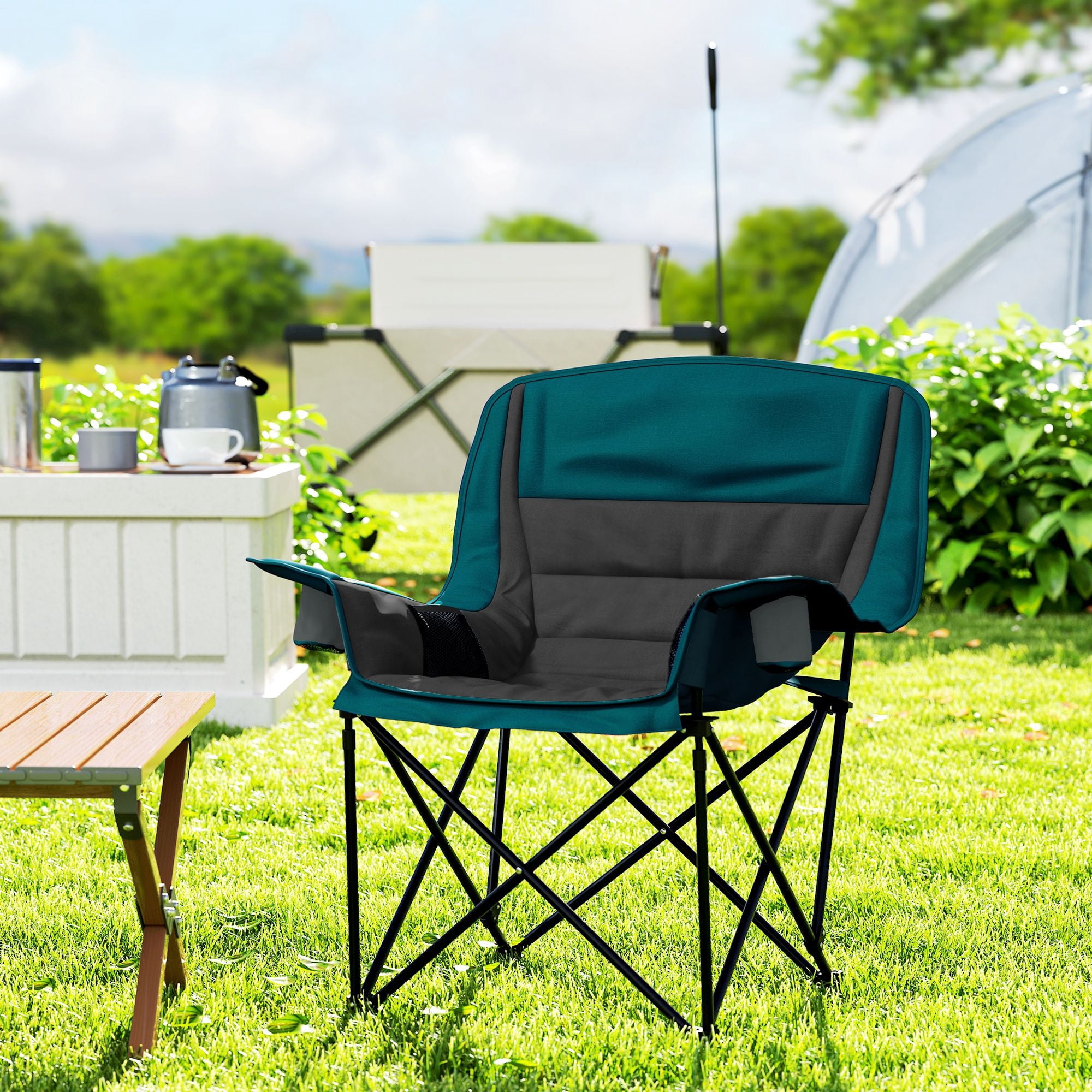 Padded Folding Camping Chair with Carry Bag, High Density Cushioned Lawn Chair 600D Oxford Fabric Metal Frame with 2 Cup Holders Side Pockets Supports 265lbs for Fishing Outdoor Dark Green Black