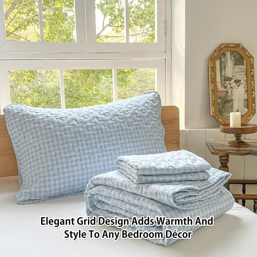 Light Blue Gingham King Quilt Set, Soft Pre-Washed Microfiber Blue Plaid King Bedspread, Lightweight Checked Summer Quilt, Grid Bedding Coverlets for All Seasons (Includes 1 Quilt, 2 Pillow Shams)
