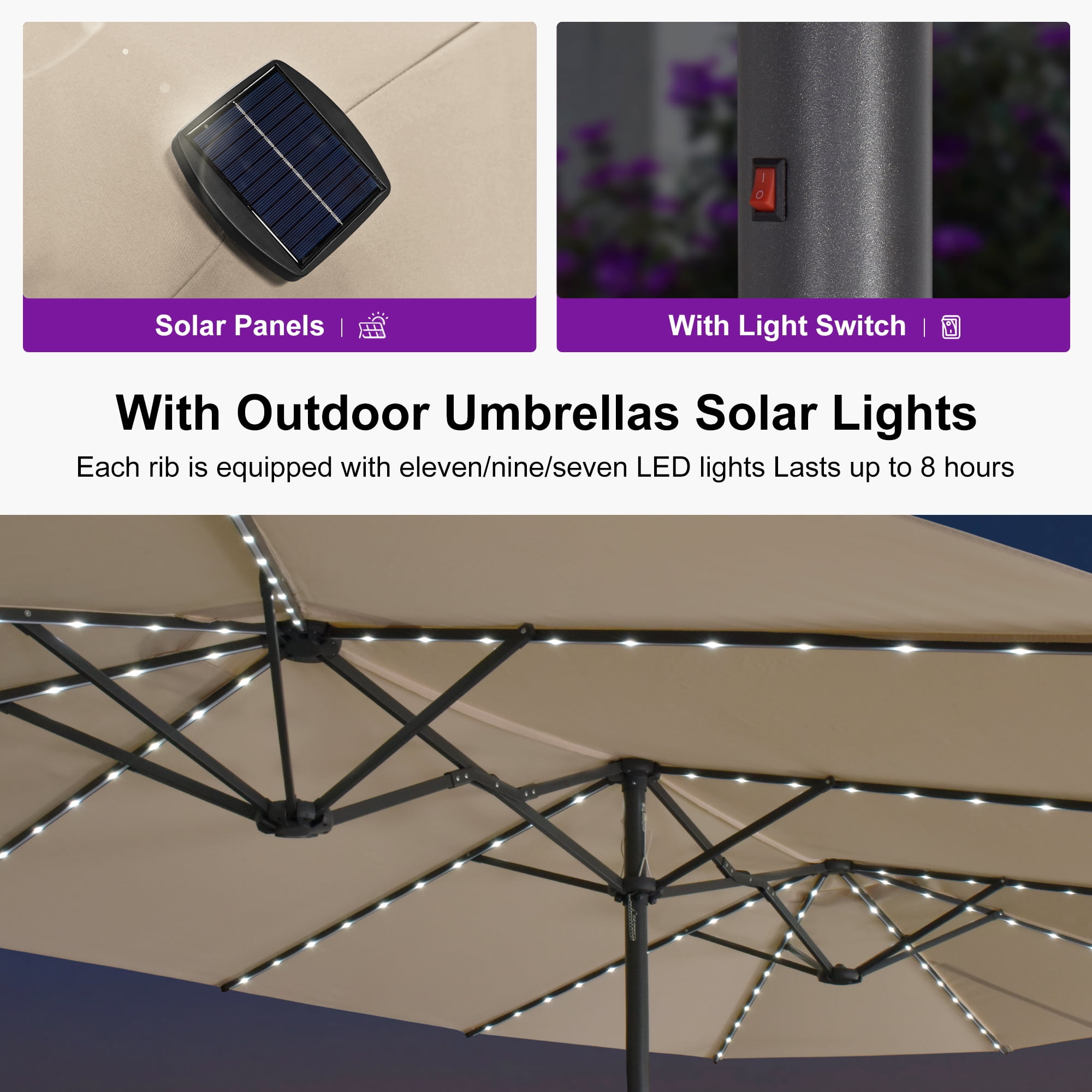 PURPLE LEAF 14ft Patio Umbrella with Solar Lights Double-Sided Outdoor Umbrella with Base and Crank Rectangle Market Table Umbrella for Pool Deck Backyard Garden, Khaki