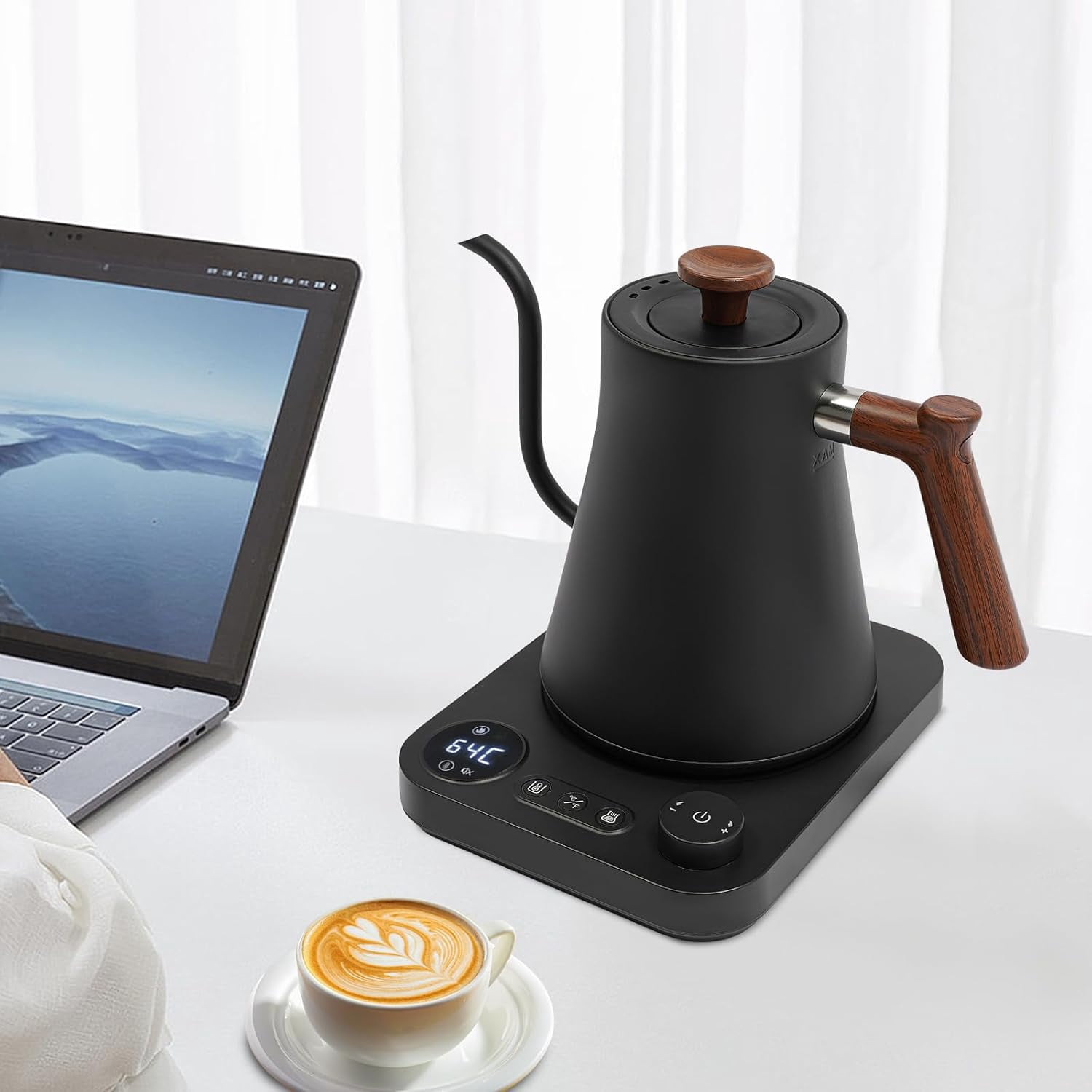 Electric Gooseneck Kettle for Coffee/Tea, 1200W 0.9 Liter Electric Kettles with Food Grade 304 Stainless Steel Inner, Quick Heating, Precise Temperature Control (Black)