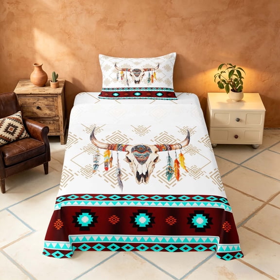 Manfei Aztec Geometric Twin Sheets, Boho Cow Skull Print Bedding, Orange Black, Reversible 3 Pieces1 Flat Sheet 1 Fitted Sheet 1 Pillowcase