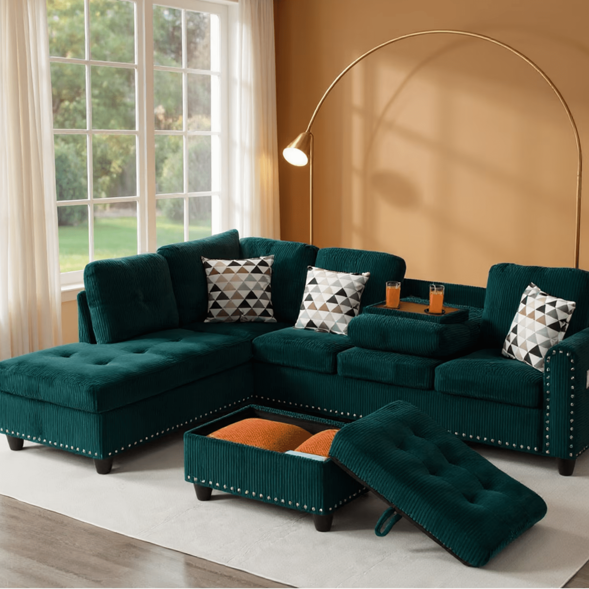 Gewnee 6 Seaters 94.49”L-Shaped Modular Sectional Sofa Couch ,Corduroy Fabric 2 Built-in Cup Holders with Storage Ottoman for Living Room