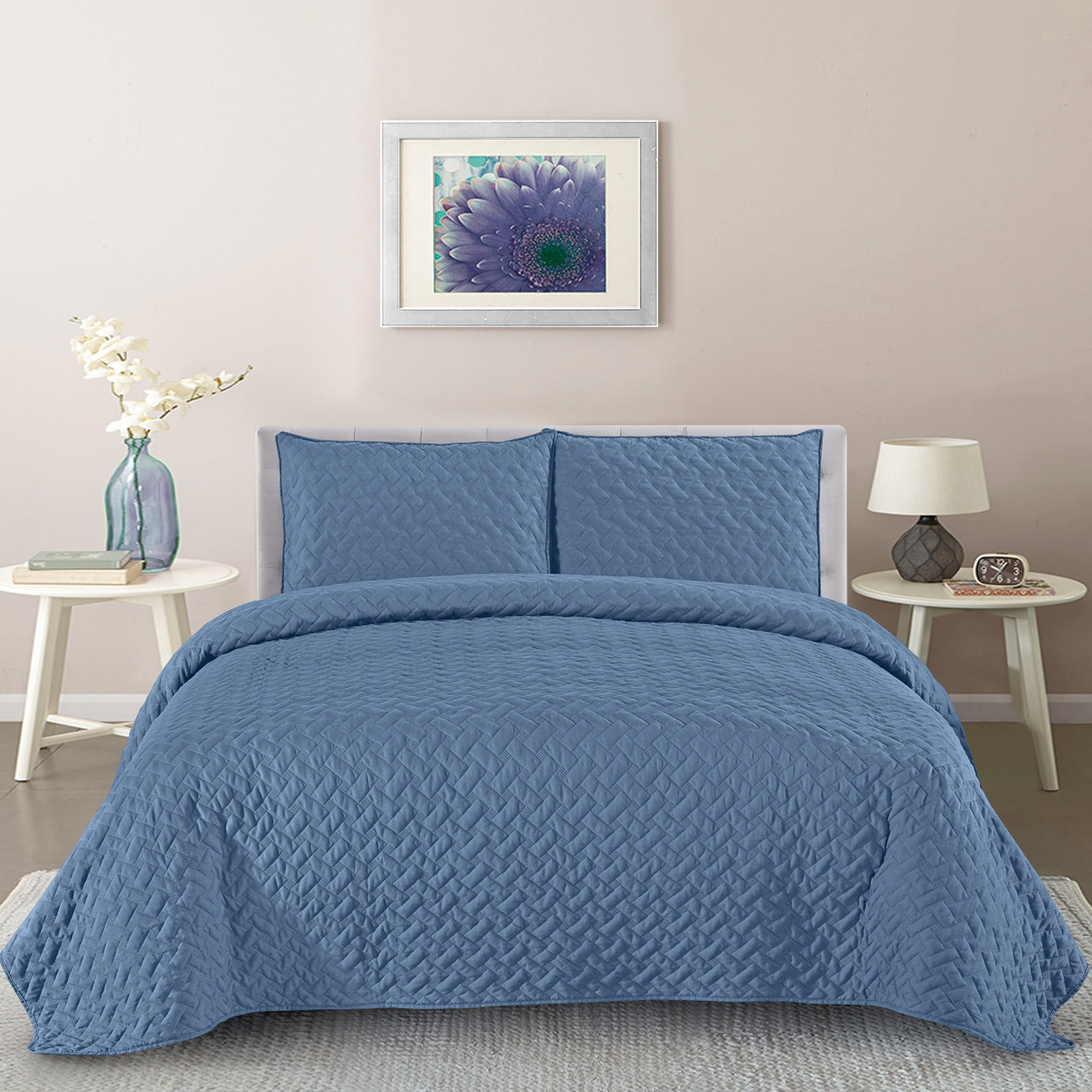 Details about   Teal White Quilted Coverlet & Pillow Shams Set Flower X-Ray Picture Print 