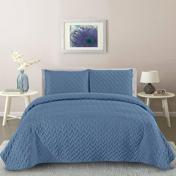 Bently Vintage Washed Lattice 3-Piece Quilt & Pillow Sham Set Queen Denim