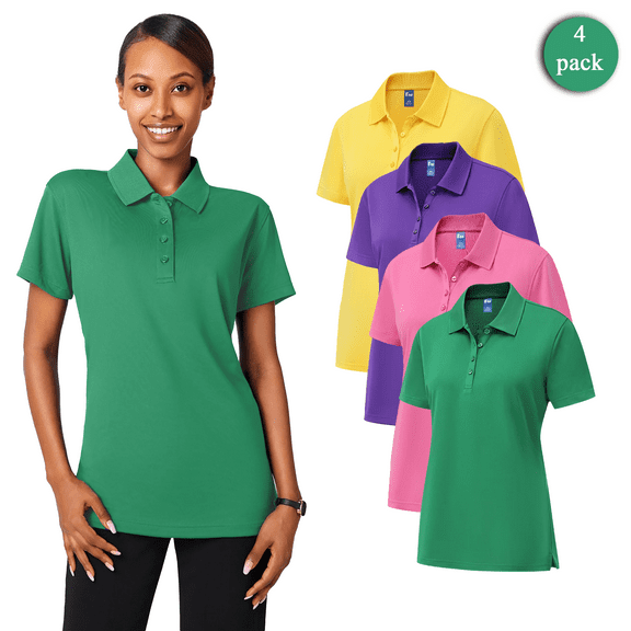 Zfeel High Performance Women’s Polo Shirts, 4-Pack, Lightweight Polyester, Quick-Dry, UV Defense, XS