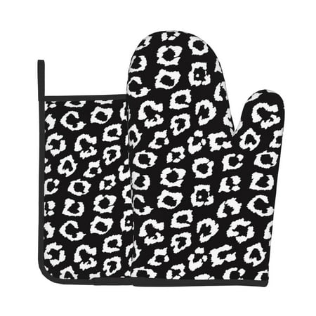 

Junzan Black Leopard Pattern Oven Mitts and Pot Holders 2 pcs Set Potholders BBQ Gloves Long Kitchen Oven Glove for Cooking Baking Grilling (2-Piece Set 11 Inch)