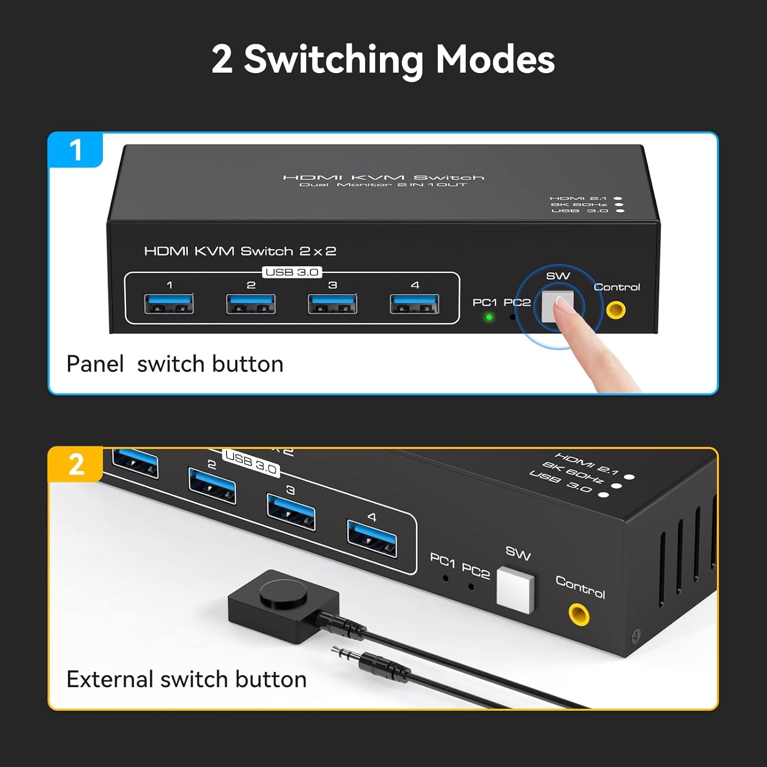 8K HDMI KVM Switch for 2 Monitors and 2 Computers – 8K@60Hz & 4K@120Hz, Dual Monitor KVM Switcher for 2 PCs, Share 4 USB 3.0 Devices, Supports Copy & Extend Mode, with External Accessories