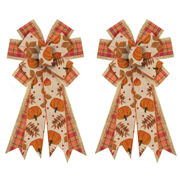 Hying 2PCS Large Fall Pumpkin Wreath Bows for Front Door,Thanksgiving Burlap Buffalo Plaid