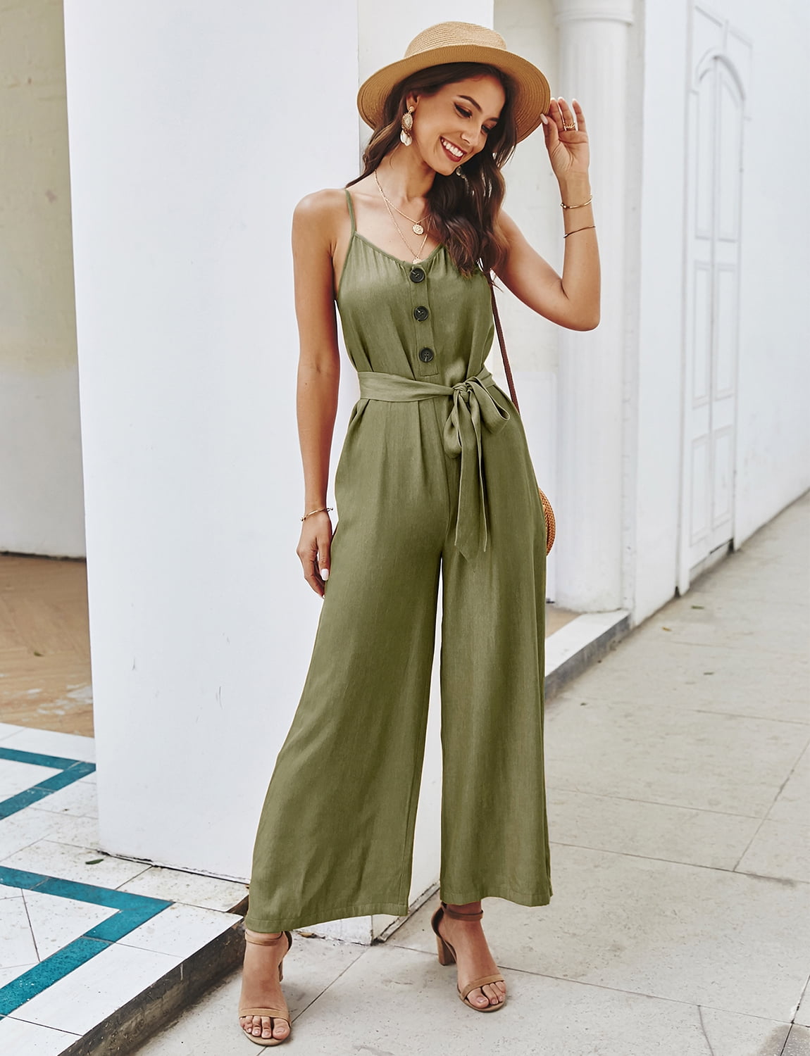 Pervobs Women Sleeveless V-Neck Backless Solid Button High Waisted Wide Leg Jumpsuit Casual Loose Beach Playsuits 
