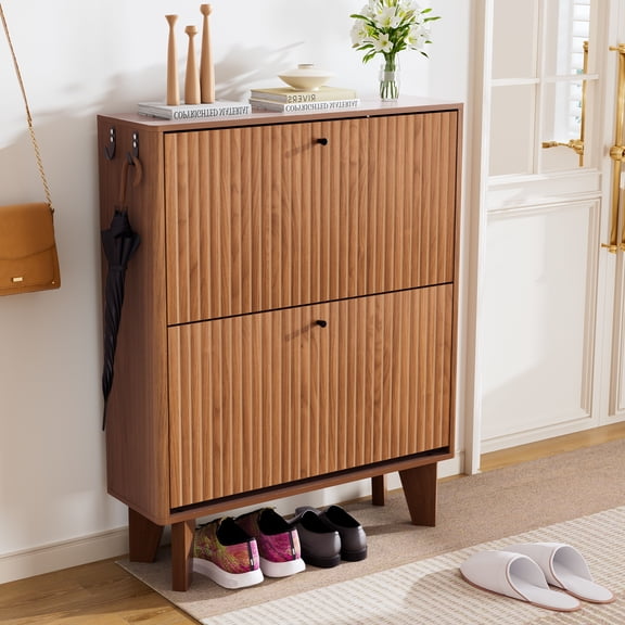 31.5" Shoe Cabinet Storage for Entryway with 2 Flip Drawers, Wood Fluted Narrow Shoe Cabinet for Hallway, Walnut
