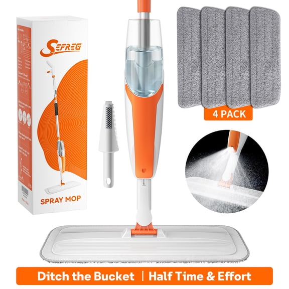 SEFREG Spray Mop for Foor Cleaning with 4 Washable Microfiber Pads,Refillable Bottle,Functional Scraper,360°Rotating Head,One-Handed Operation,Multi-Surface Wet/Dry Use,Aluminum Pole,White&Orange
