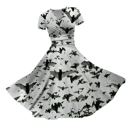 SNOWSONG Dresses for Women  Women s Halloween Printed V Neck Short Sleeve Casual Dresses  Halloween Dresses  Vintage Dress for Women  Corset Dress Halloween Gray 2XL