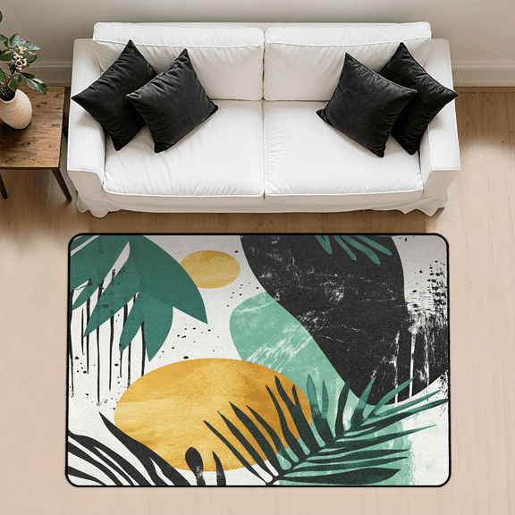 CURLYOOT Retro Abstract Leaf and Sun Area Rug 3x5 Ft Rugs for Entryway Entrance Kitchen, Washable Non Slip Indoor Floor Carpet for Bedroom Living Room