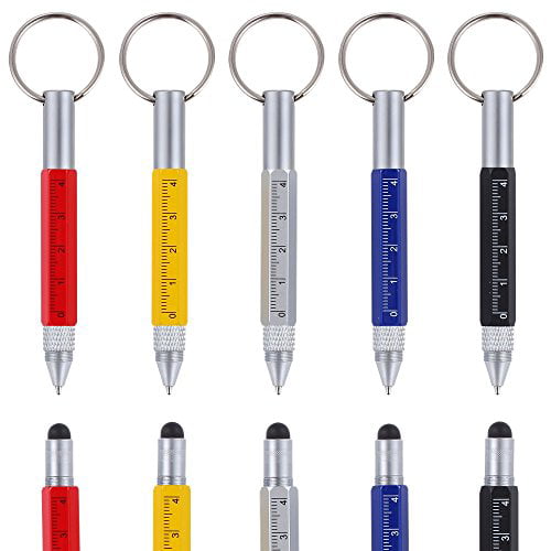 Shulaner 6 in 1 Small Metal Tech Tool Ballpoint Pens with Key Ring Level Stylus and Two-head Screwdriver Pack of 2 Multi functional Tool Fits for Mens Gift 