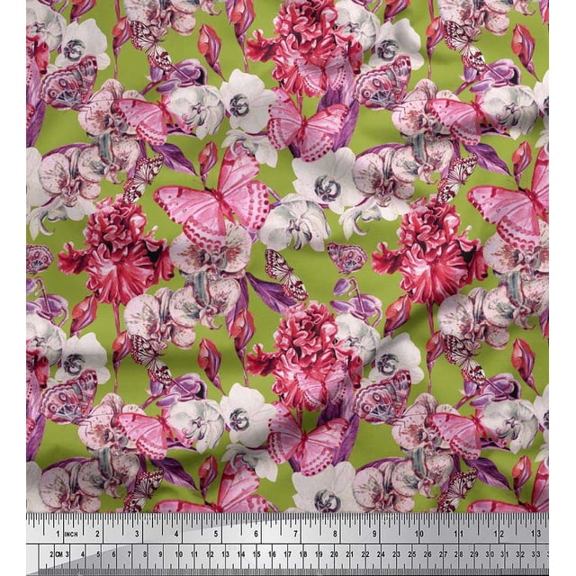 Soimoi Poly Georgette Fabric Butterfly & Orchids Floral Fabric Prints by Yard 52 Inch Wide