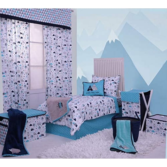 Bacati Woodlands Boys Cotton 4 Pc Toddler Bedding Set, Aqua/Navy/Grey 100 percent Cotton Includes Reversible Comforter, Fitted Sheet, Top Sheet, and Pillow Case for Boys