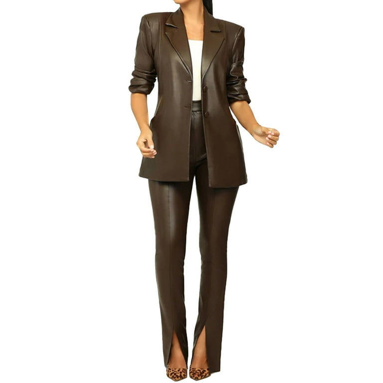 JDEFEG Woman Suites Womens Open Front Solid Blazer Leathers Two Piece  Business Blazer Pant Leathers Suit Coat and Pant Modern Work Pants Women  Polyester Coffee Xl 