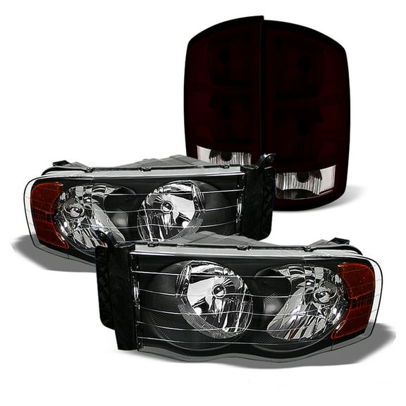 AKKON - Fits 2002-2006 Dodge Ram 1500 03-06 Ram 2500 3500 Pickup Black Headlights   Dark Red Tail Brake Lamps Left Right Pair