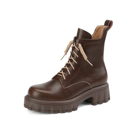 

SIMANLAN Women Mid Calf Boots Lug Sole Platform Combat Boots w/Zipper Brown 5