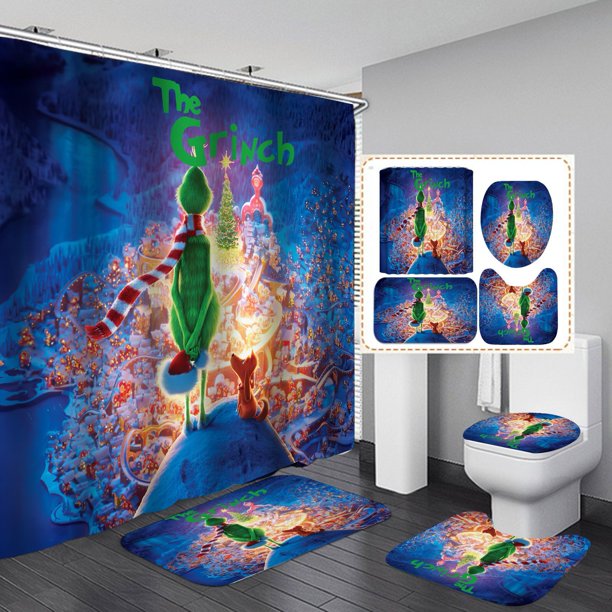 Cortina de ducha navideña de monstruo de pelo verde, juego de baño, cubierta de inodoro, alfombrilla, cortinas de baño, decoración de baño