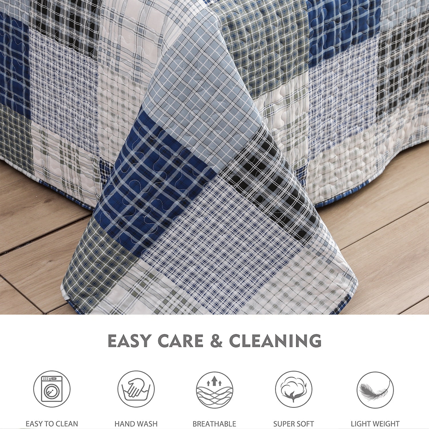 3 Piece Quilt Set King Size Bedspread Coverlet Mens Plaid Patchwork Bedding Reversible Quilt Queen Microfibers Bedspread Coverlet Lightweight Bedding for All Season Black Blue