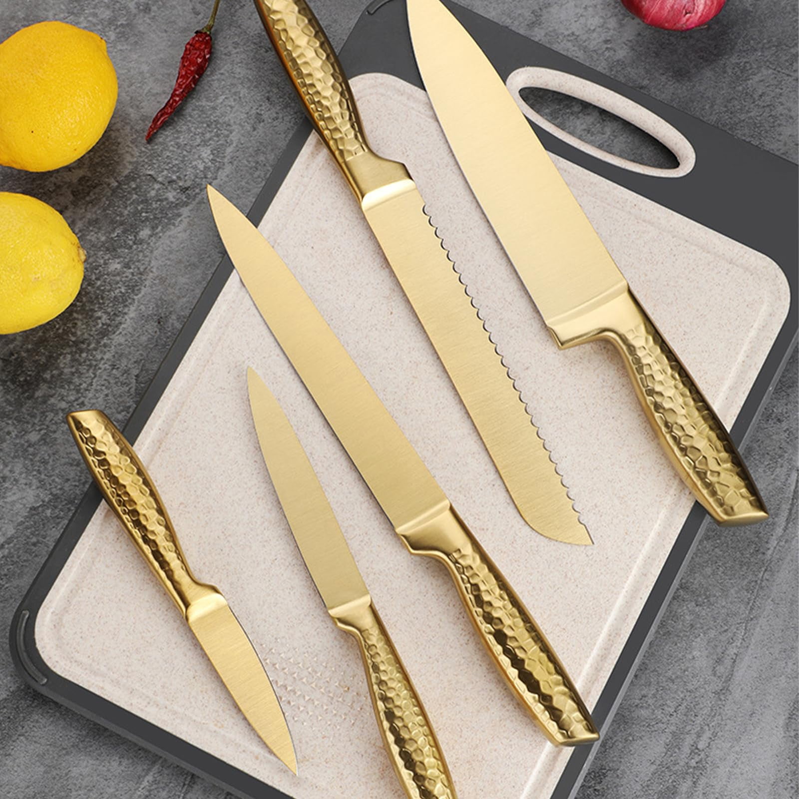 Professional Kitchen Knife Set 6 Piece, High Carbon Stainless Steel Sharp Knives with Ergonomic Hammer Handle, Wooden Magnetic Knife Block Holder, Gold