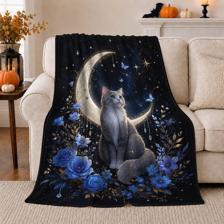 Cat Portrait With Cat And House Plants Feline Artwork With Leaves Warm Botanical Art Cat Lovers Cozy Plant Cat Scene Warm Flannel Blanket Pet Adoption Gift for Living Room and Bedroom Home Decor