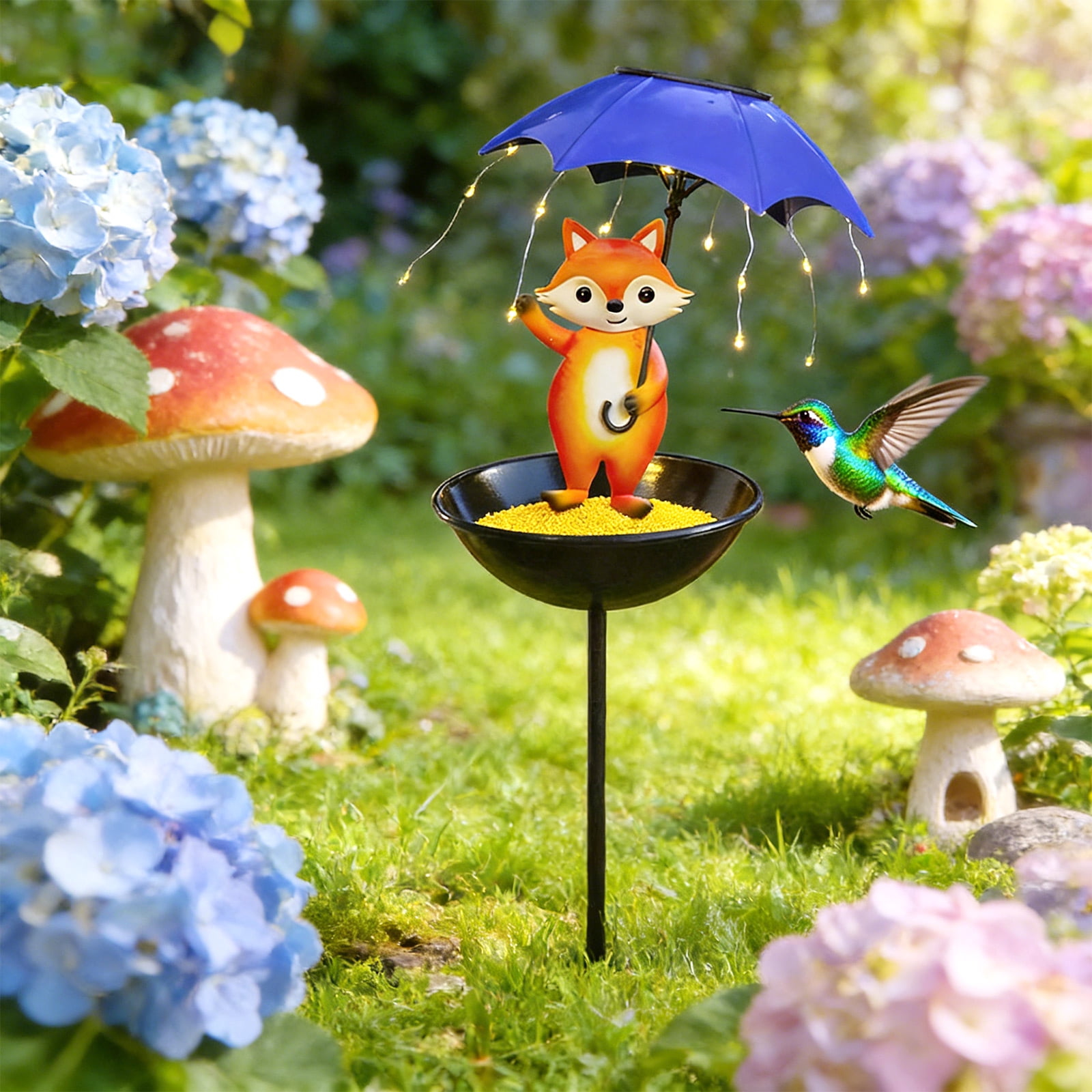 Solar Bird Feeder for Outside, Cute Fox Garden Statue with Umbrella, Outdoor LED Decor Lights, Yard Art Ornament for Patio Lawn Path, Unique Easter Decorations A