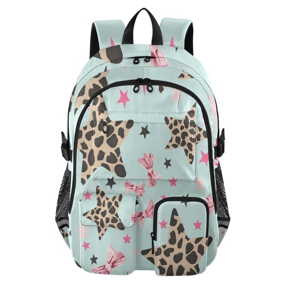 DIXRUYEE Pink Bow Leopard Print Five-pointed Star Pattern Backpack for School 14”Laptop Compatible with Reflective Safety Strips