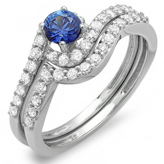 Dazzlingrock Collection 14K Round Blue Sapphire And White Diamond Ladies Swirl Bridal Engagement Ring Set, White Gold, Size 7