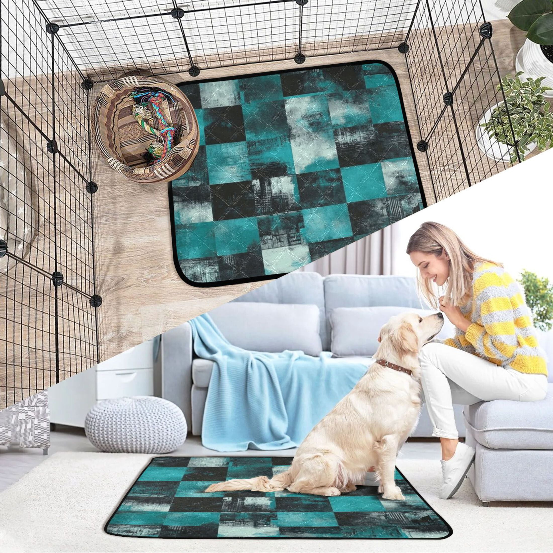 Washable Pet Pee Pads with Super Absorbent Reusable Training Pads for Dogs & Cats Teal and Black Squares