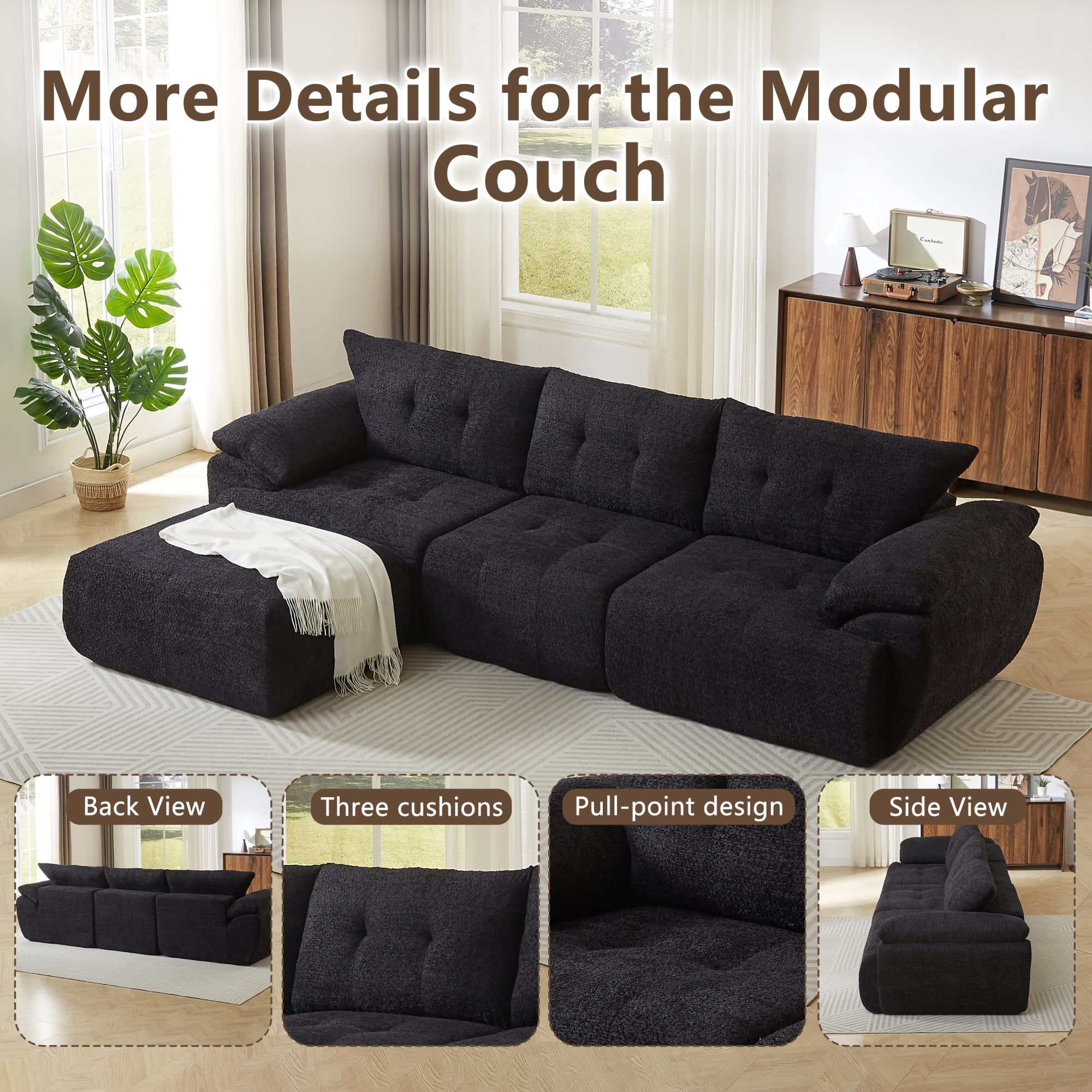 Leumius 115" Modern 3-Seater Sofa, Chenille Sofa with Upholstered Backrest, Curved Horn Backrest for Living Room, Bedroom, Apartment, Office,Black