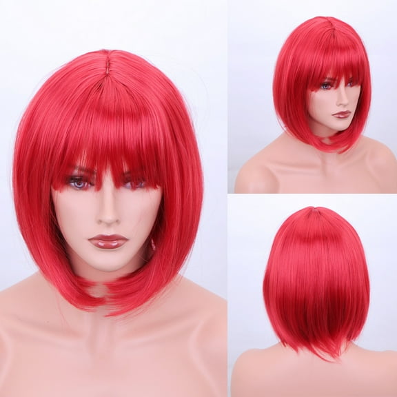 Nvzi-a Short Straight Bob Wigs with Air Bangs Honey Brown Wig for Women Shoulder Length Heat Resistant Fiber Hair Wigs，Red