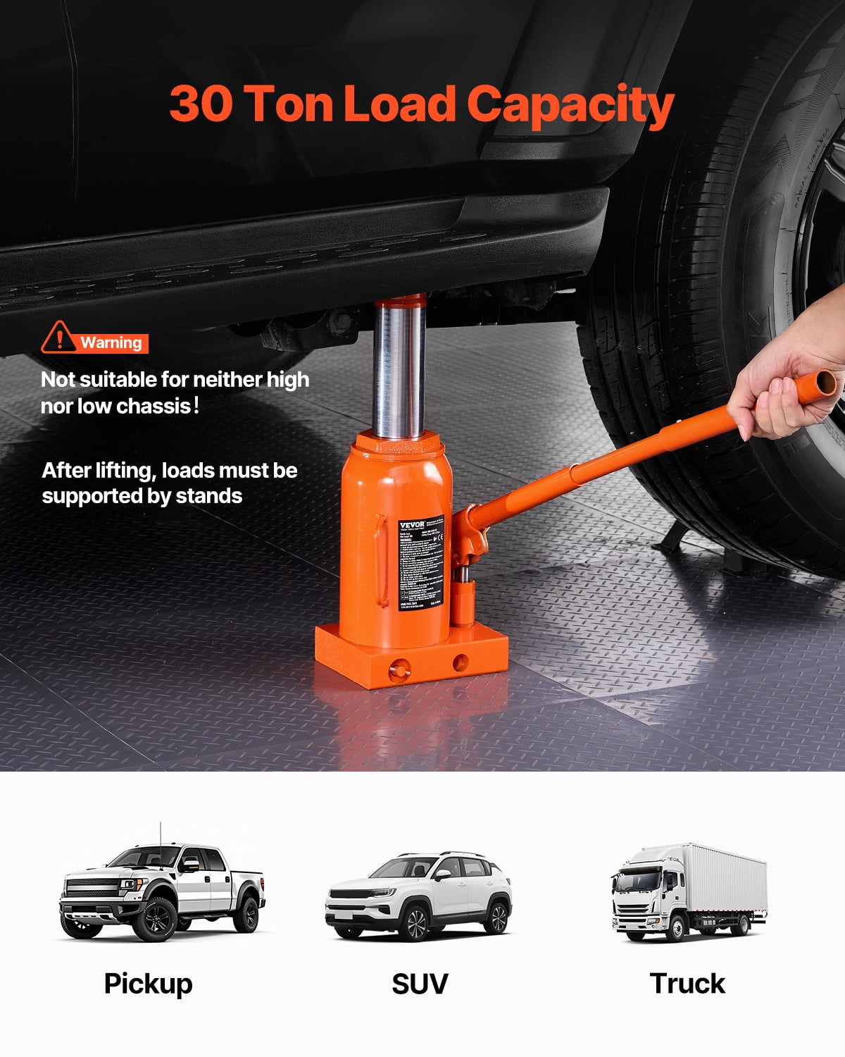 VEVOR Hydraulic Bottle Jack, 30 Ton/66138 lbs Welded Bottle Jack with 11.22''-18.66'' Lifting Range & 3-Section Long Handle