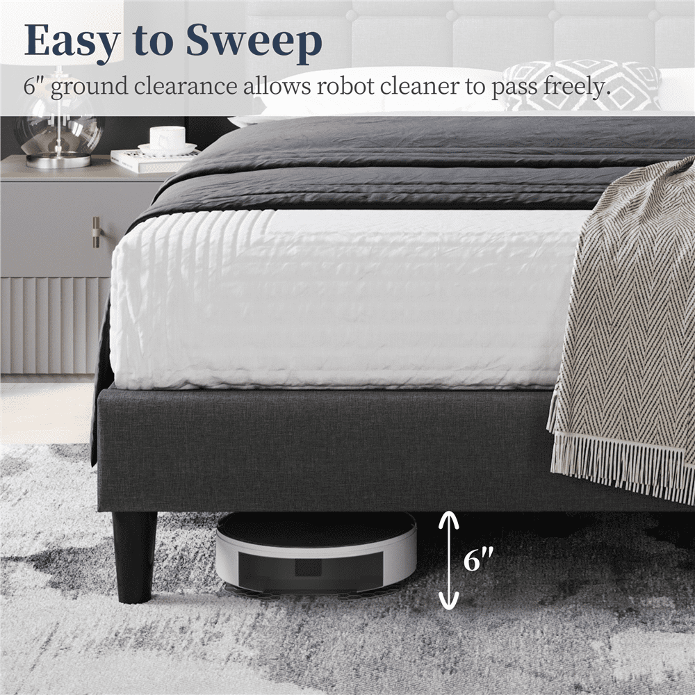 Fullfurnique Upholstered Platform Bed Frame with Square Tufted Headboard, Full, Dark Gray