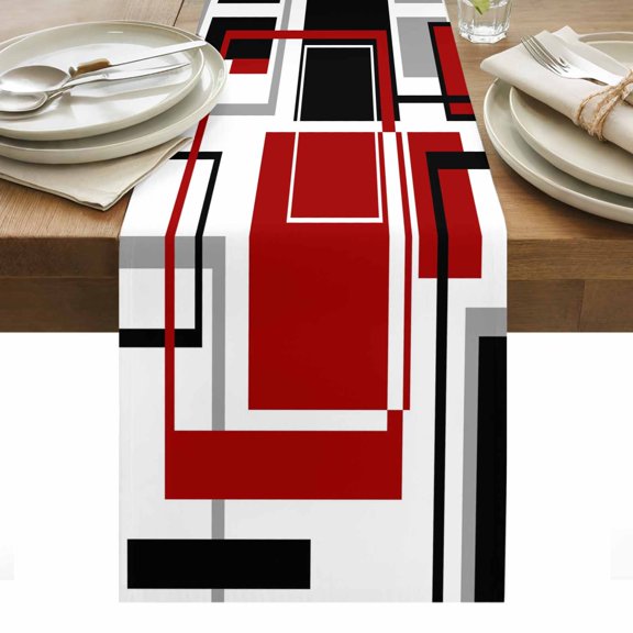 Red Black Geometric Table Runner - 36 Inch Long, Kitchen Dining Table Runner Dresser Scarves, Contemporary Gray Abstract Stripes Farmhouse Decor for Coffee Tables Wedding Party Banquet