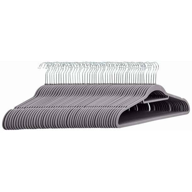 Ganchos de terciopelo antideslizantes y resistentes con barra horizontal para corbatas, paquete de 50, gris oscuro