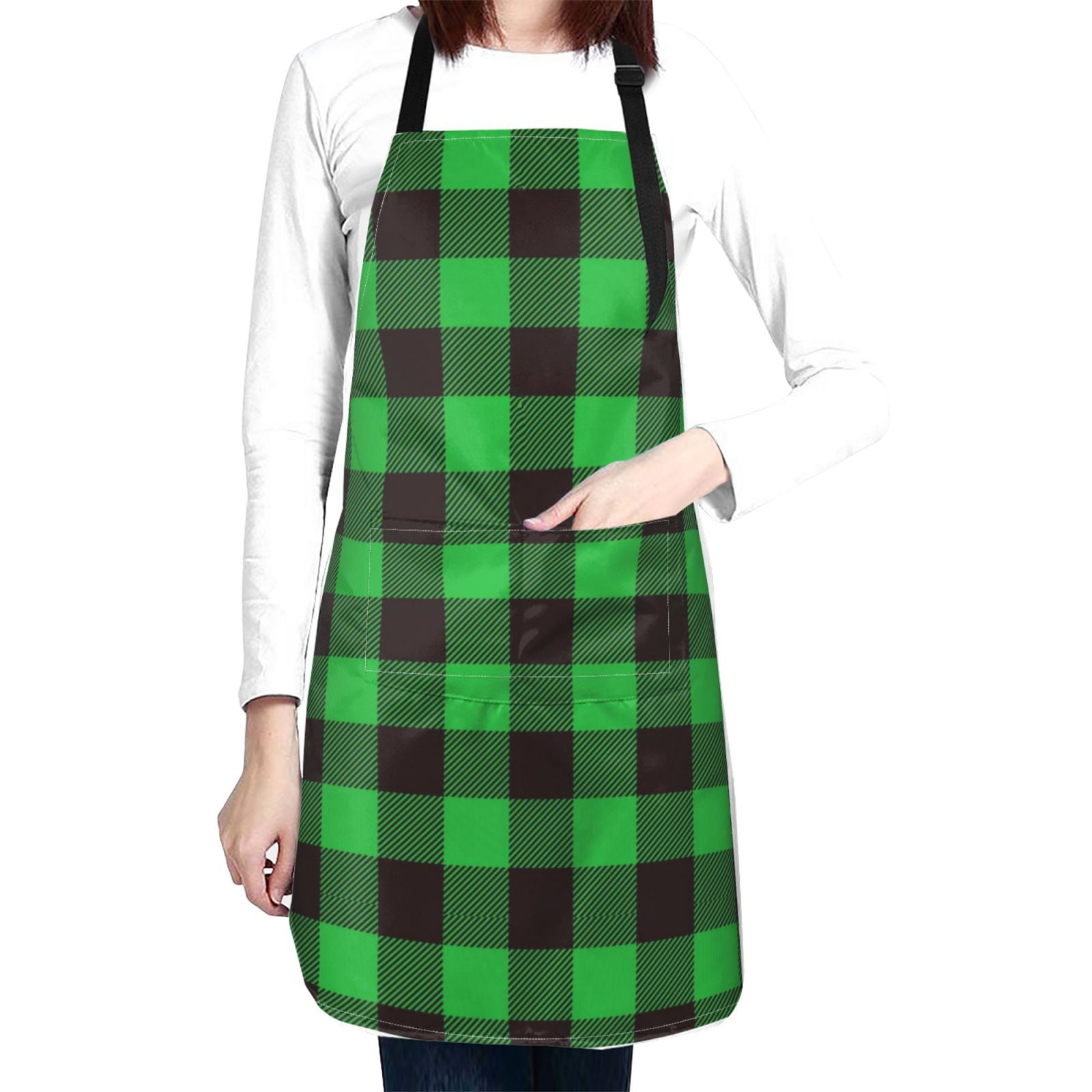 Kdxio Buffalo Plaid Green Black Apron with Pockets Adjustable Kitchen Aprons for Men Women Waterproof Aprons for Cooking,Drawing,Crafting, Baking Household Cleaning