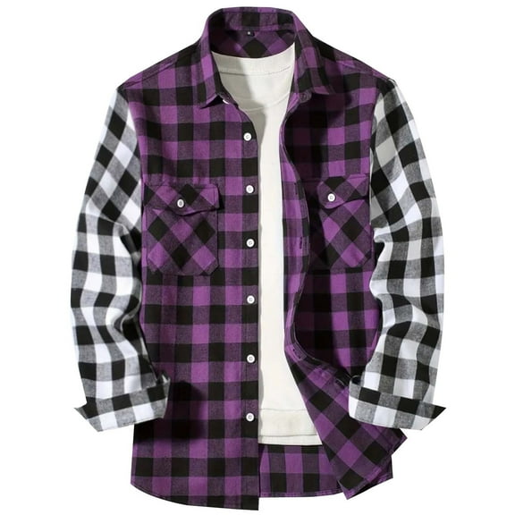 Wyobmus Long Sleeve Coat for Men Patchwork Warm Notch Lapel Plaid Jacket Casual Botton Down Winter Coat Purple