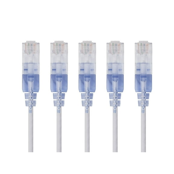 Monoprice SlimRun Cat6A Ethernet Patch Cable - Network Internet Cord - RJ45, Stranded, UTP, Pure Bare Copper Wire, 30AWG, 6in, White, 5-Pack