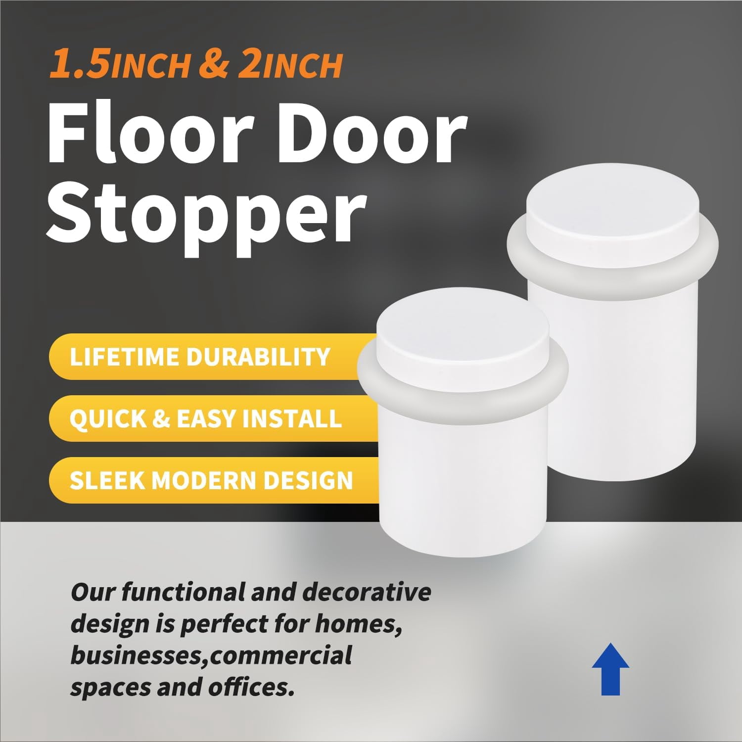 JJEAN-Floor Door Stopper Door Stop - Classy Solid Steel Modern Heavy Duty Door Stoppers - Floor Mount Anchor Screw - Wall Protector for Commercial Door(White, 1.5 Inch)