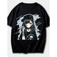 thumbnail image 1 of Camiseta gráfica de chica anime punk para hombre - Camiseta negra de manga corta con diseño de calavera y tatuaje vanguardista, 100 % algodón, 1 of 7